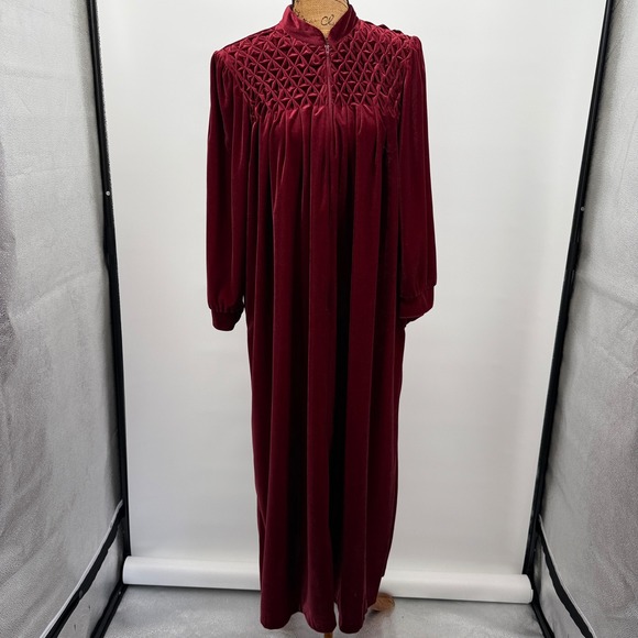 Vtg Saybury Velvet Lounge Dress Full Zip Housecoat Quilted‎ Robe Maroon Sz XL - Picture 1 of 13